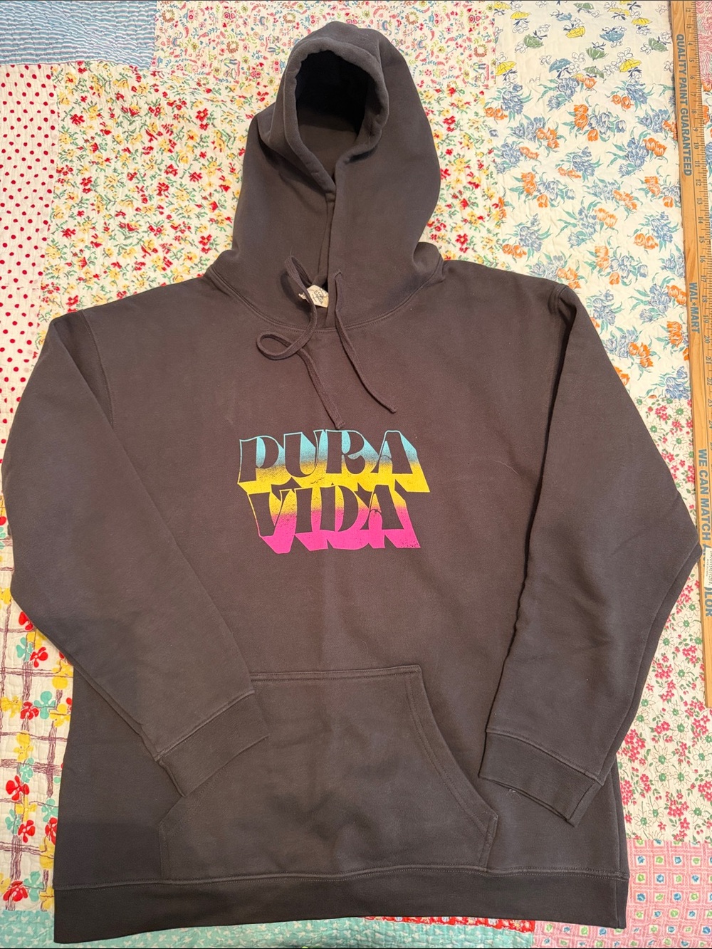 Pura Vida Black Hoodie with Blue, Yellow & Pink Logo